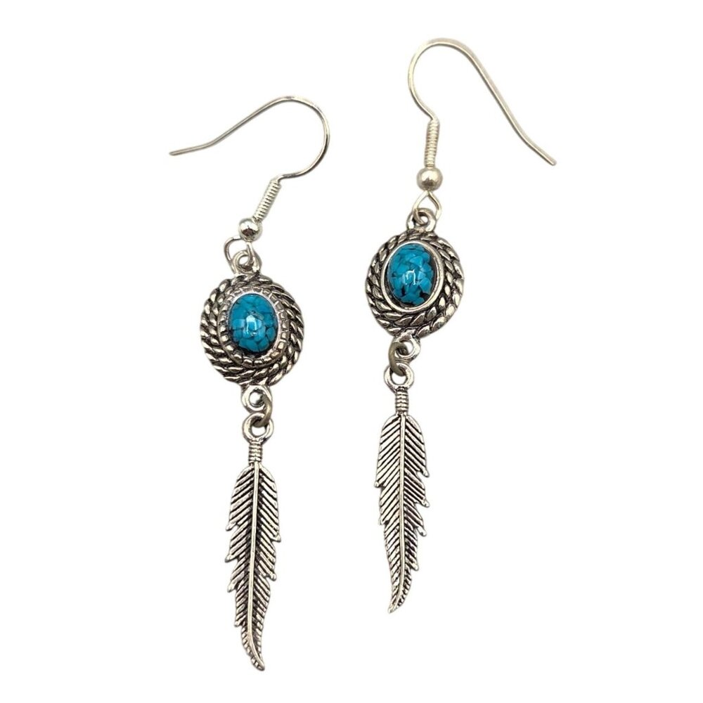 Southwestern Turquoise Chip Cabochon Feather Dangle Silver Tone Earrings